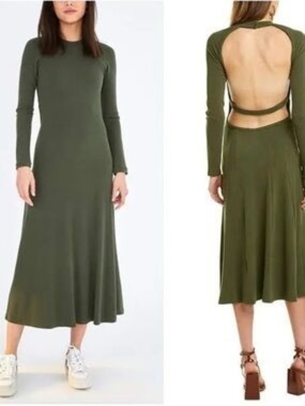 FARM Green Mock Neck Open Back Midi Dress Long Sleeve Fit & Flare Sz XS Casual